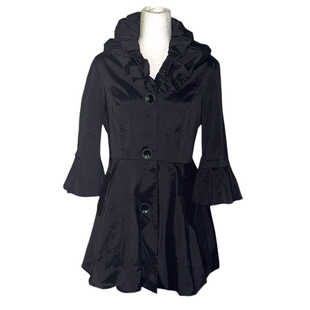 LN Joseph Ribkoff Black Exaggerated Ruffle Collar A-Line Bubble Trench Coat - 12